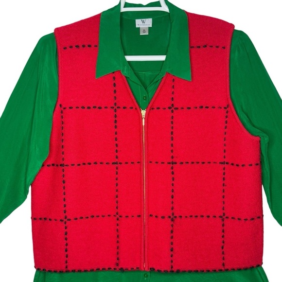 Karen Scott Wool Red and Black Plaid Zip Up Sleeveless Sweater Vest Size XL - Picture 1 of 14